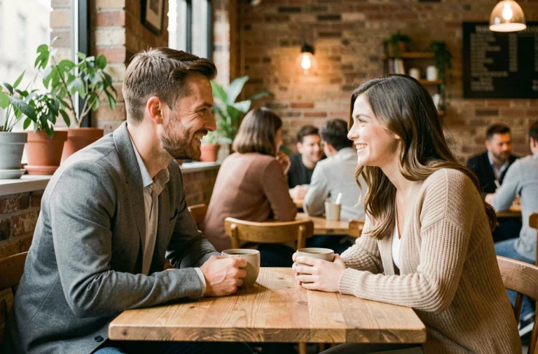 Un homme et une femme en conversation détendue lors d'un troisième rendez-vous dans un café cosy, souriant naturellement autour d'un café