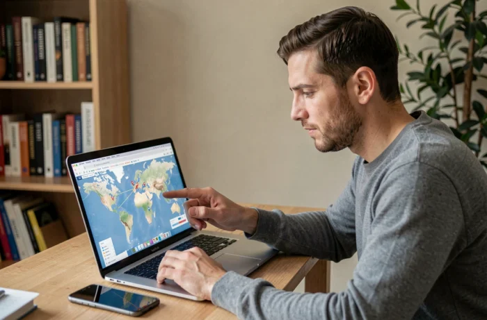 Homme vérifiant la disponibilité géographique d'une fonctionnalité sur une carte numérique via son ordinateur portable
