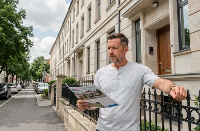 Homme inspectant la façade d'un immeuble résidentiel avec une brochure immobilière lors d'une visite