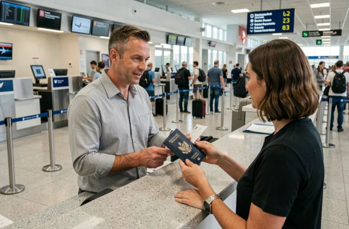 Voyageur présentant deux passeports différents à un agent d'enregistrement dans un aéroport lors d'un changement de numéro de passeport