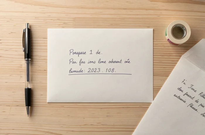 Vue de dessus d'une enveloppe avec une adresse postale française manuscrite indiquant un numéro d'appartement